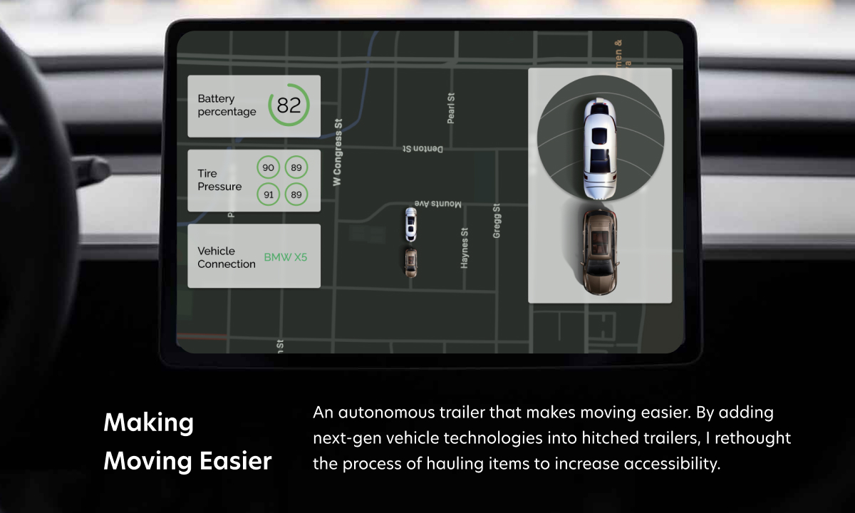 A mockup of a car display showing a trailer following your vehicle without a physical connection. Status of the trailer can be seen on the left side of the car display.