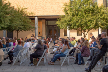 The Art Building Courtyard filled with celebrants for the dedication of the "Shadow Garden" sculpture and Art Annex!