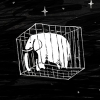 A black-and-white drawing of an elephant in a cage, black background