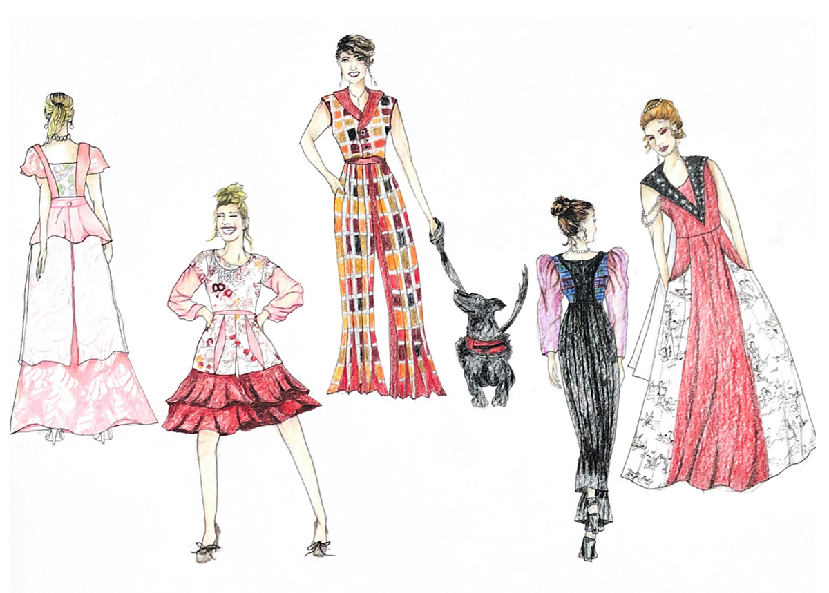 Five illustrations of the models’ caricatures wearing a peplum top and a circle skirt, a top with detachable bishop sleeves and shorts with detachable flares, a reversable vest with flared pants, a jumpsuit with puffy sleeves, and gown with a bustle and detachable lapel all made mostly of cotton, polyester, and real freshwater pearls. 