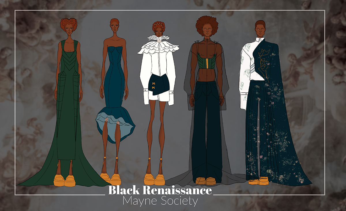 Sketches for Black Renaissance that lean towards a luxury streetwear market with exciting silhouettes.