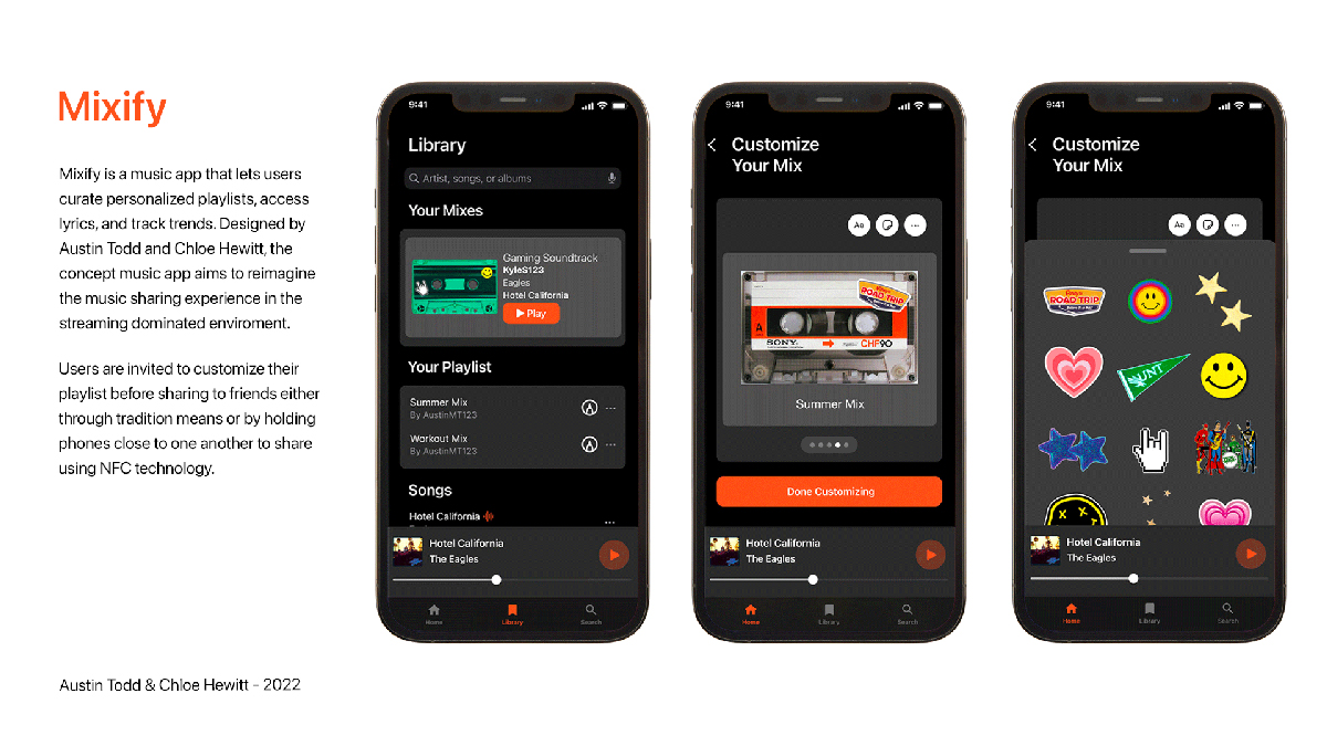 Screenshots of Mixify concept app by Austin and Chloe