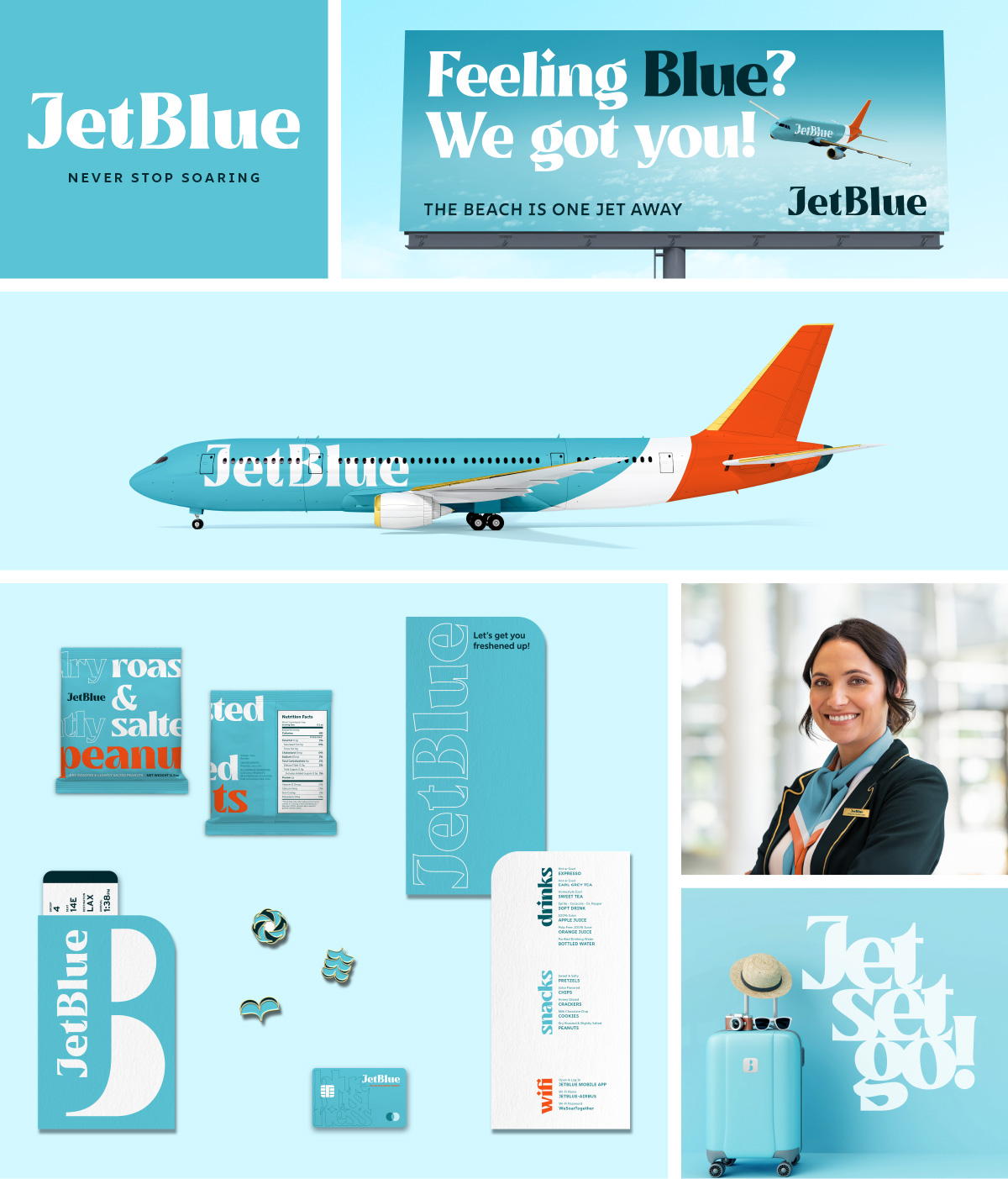 A new logo. A billboard promoting a vacation with JetBlue. A plane with painted livery. A collateral system includes an in-flight menu, snack packaging, a credit card, collectible pins, a ticket, and a folder. A flight attendant with a new uniform. A suitcase showing logo application. 