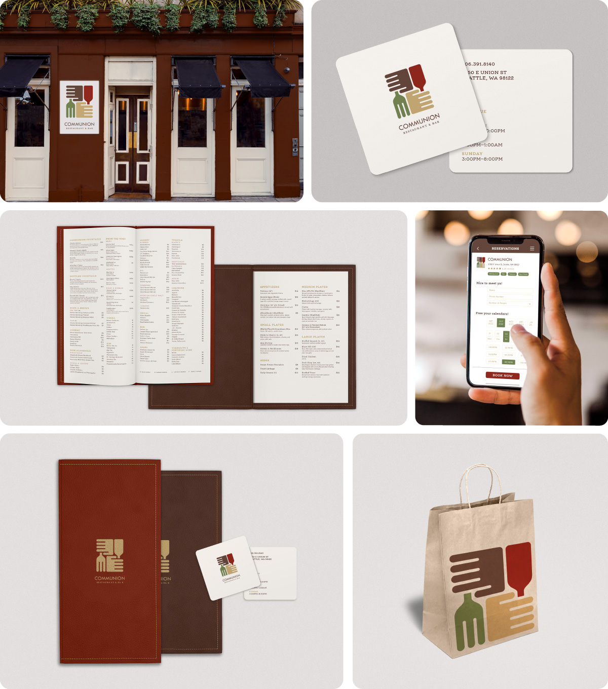 A storefront and sign. Square business cards that compliment the square logo. A drink and food menu. A person using the app to make a reservation online. A paper to-go bag.