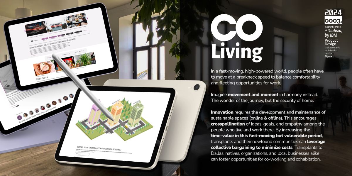 A visual representation of a platform called ""CO Living"" that is designed to facilitate mixed work and living arrangements. In a modern and well-lit interior space, there are two digital devices displaying content related to the CO Living concept. The screen on the left shows a webpage with various subheadings and images, including what appears to be a community engagement or crowdfunding section with a goal to upgrade an internet package. There are icons of people, possibly indicating community members or contributors.