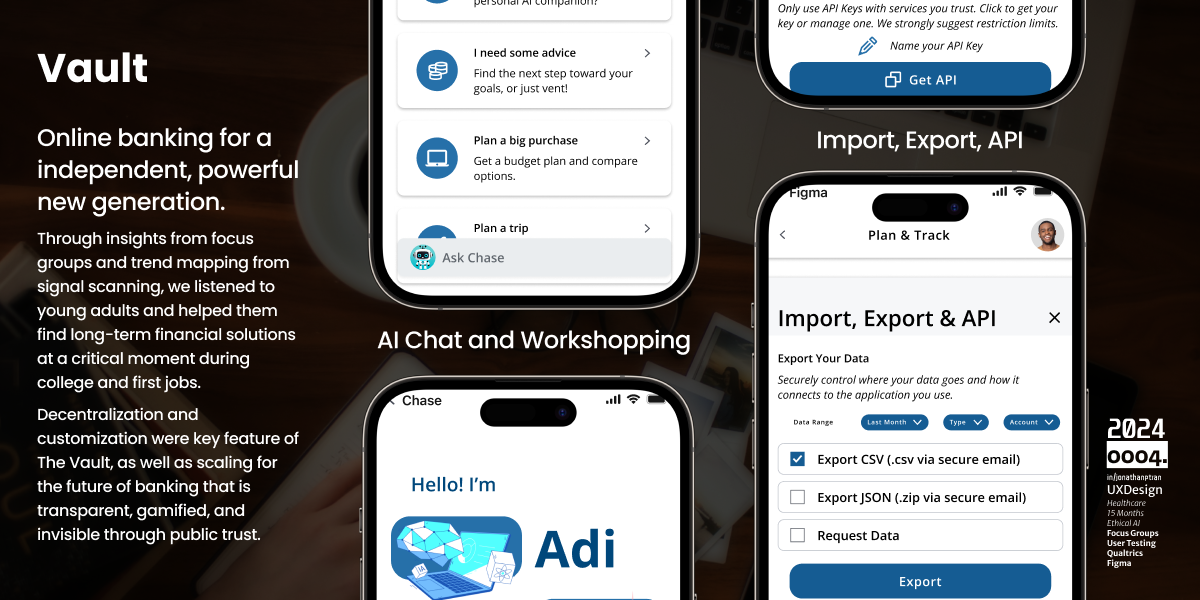 This image depicts a mobile application called "Vault," which is described as online banking for a new, independent, and powerful generation. It highlights that the app was designed with input from young adults through focus groups and signal scanning to provide long-term financial solutions, especially for significant moments like college and first jobs.
