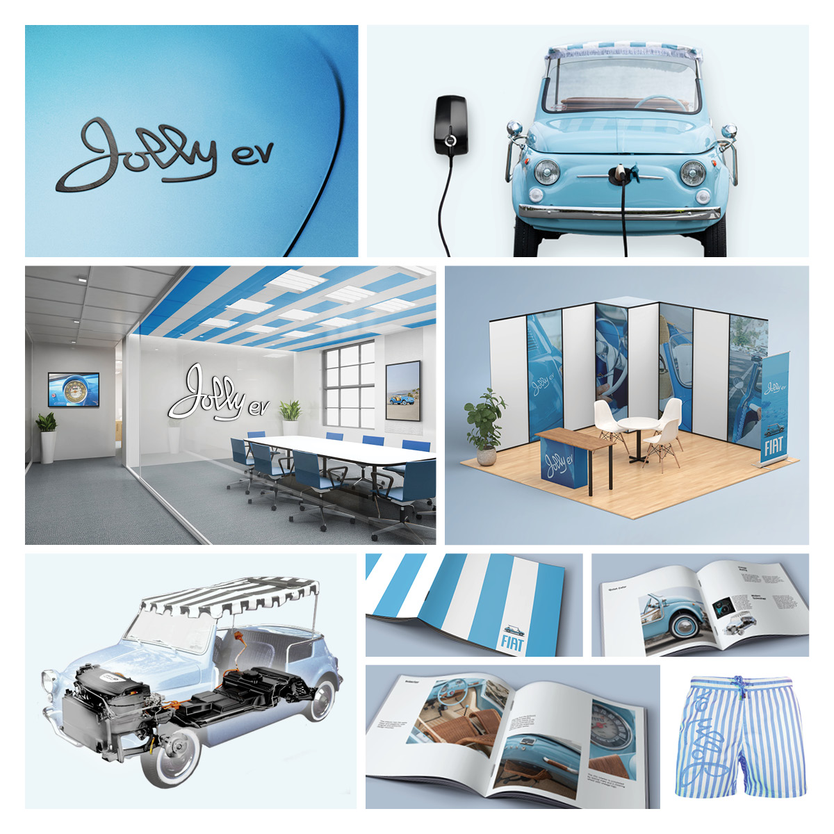 A branded vision board for a blue FIAT Jolly car with the FIAT emblem, hooked up to a charging station, and a trade show display.