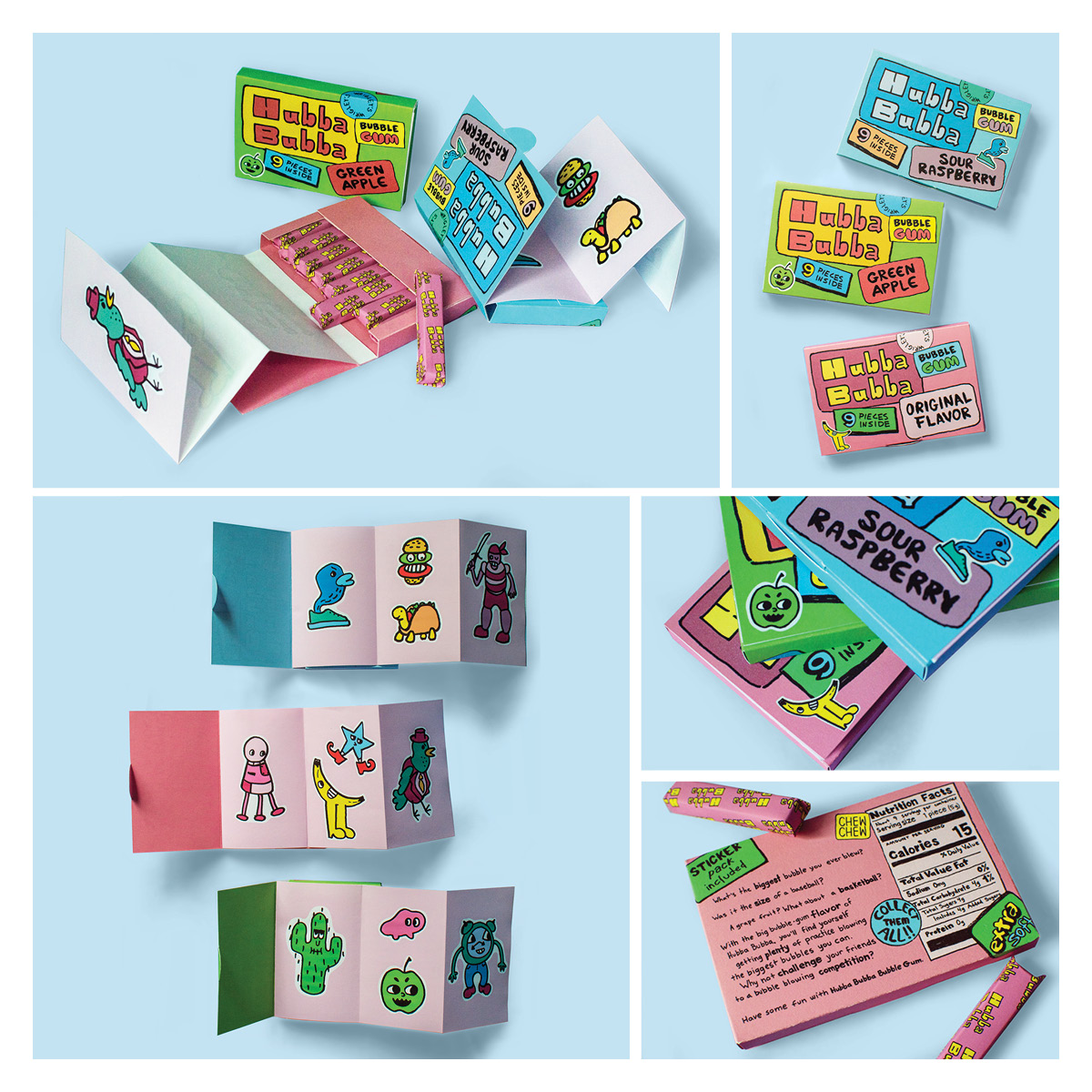 Vision board for Hubba Bubba rebrand showcases gum packs with stickers: teal bird, hamburger, taco shell turtle. Flavors: sour raspberry, green apple, and the original flavor