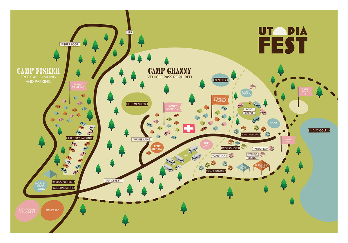 A vector map for Utopia Fest is shown. It features sharp lines, bright colors, and illustrations of tents, cars, food trucks, and trees. The festival area is in tan on a green background, with dark brown roads and white text labels in dark brown container