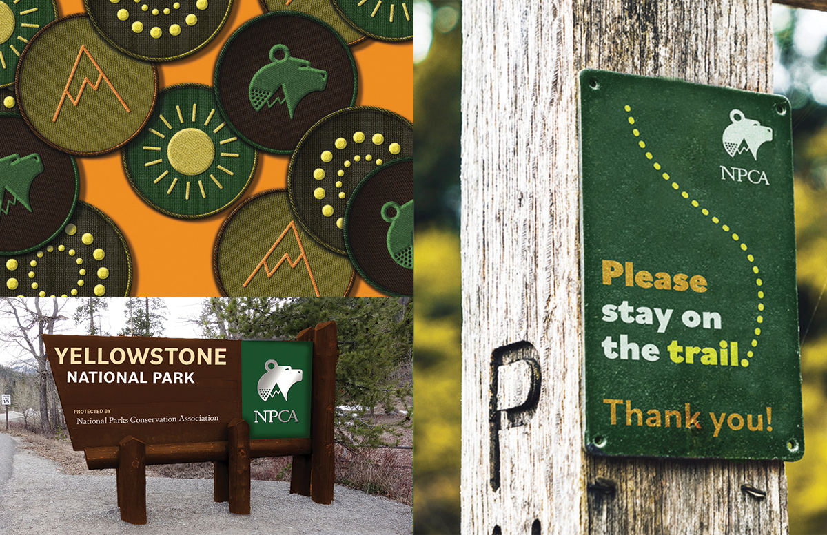 Patches in various earth tones display the NPCA bear logo and other nature-inspired elements. A green trail sign and brown entrance sign for Yellowstone NP also feature the NPCA logo.