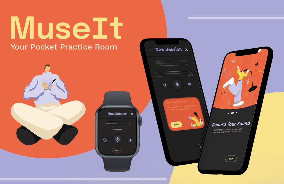 The MuseIt app features an onboarding preview and a session recording screen, with playful solid red illustrations and characters. The tagline "Your Pocket Practice Room" emphasizes its convenience for musicians.