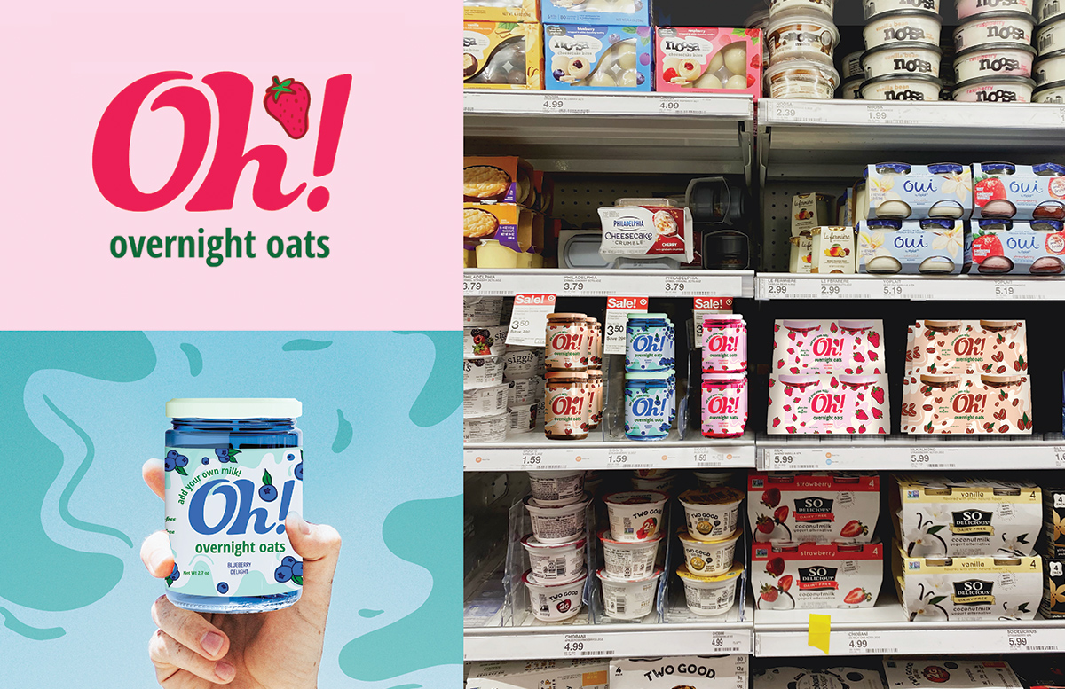 Bold typography and bright colors stand out on the packaging of Oh! Overnight oats, making it easy to spot on store shelves.