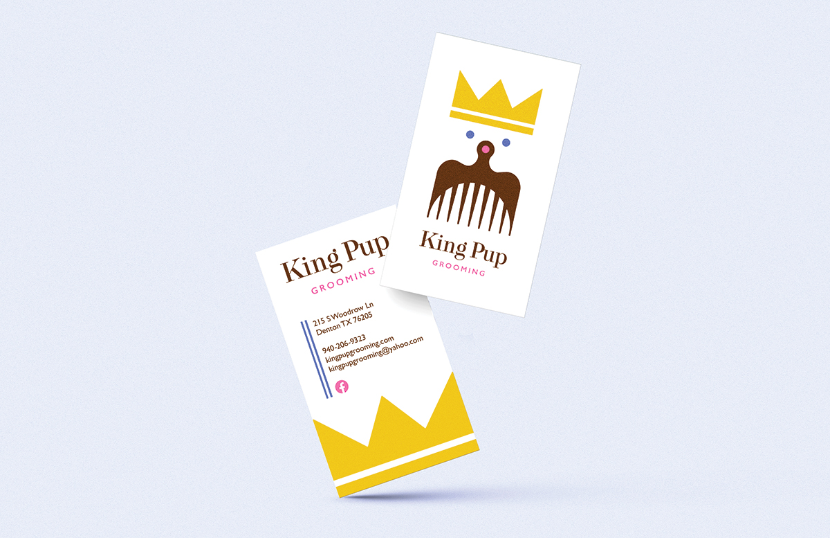 King Pup dog grooming business cards with blue eyes and a crown logo on a pastel blue background.