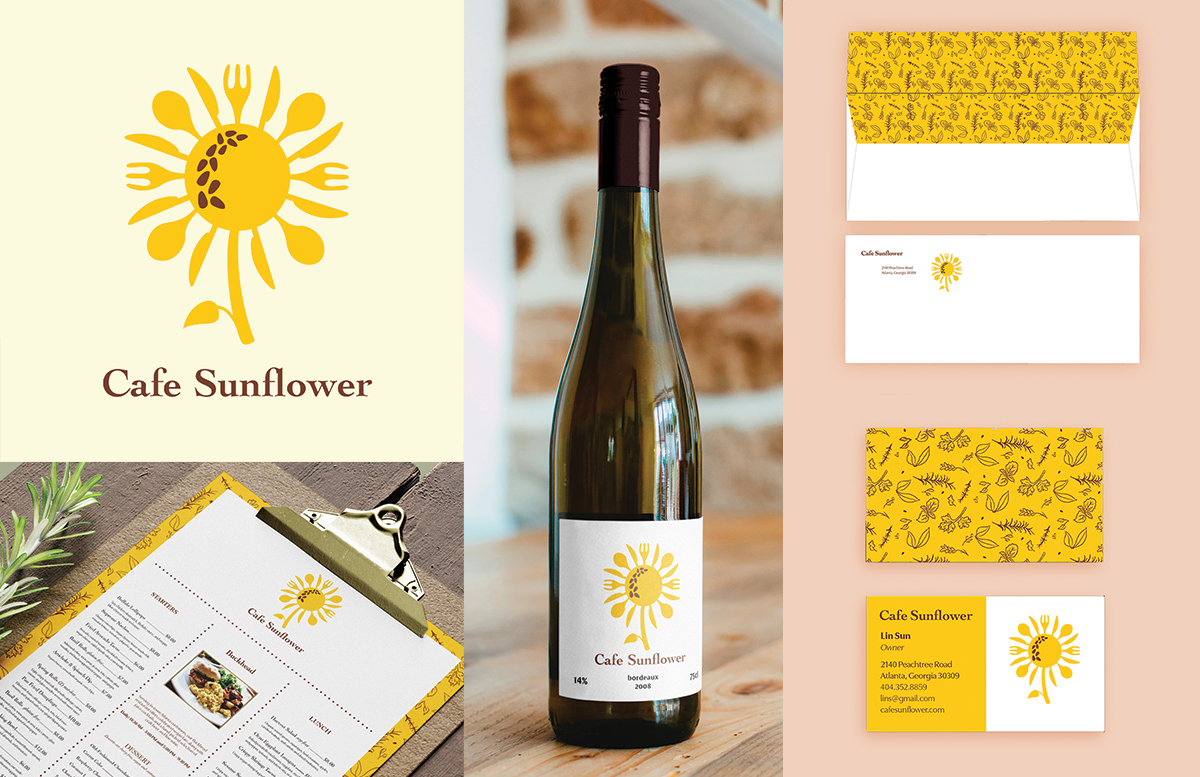 Café Sunflower logo with organic utensil petals & yellow sunflower. Clipboard menu w/ herb border, wine bottle, & business card on pink column.