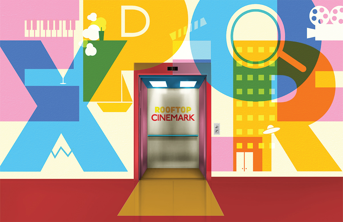 Colorful wall with EXPLORE in large type surrounds elevator entrance. Open doors reveal Rooftop Cinemark logo inside. Pink, blue, and yellow dominate.