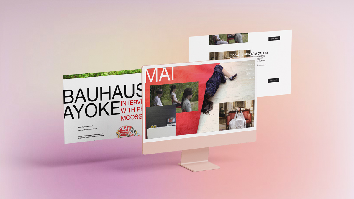 Three screens showing a redesigned Marina Abramović Institute website on top of a pink gradient background. 
