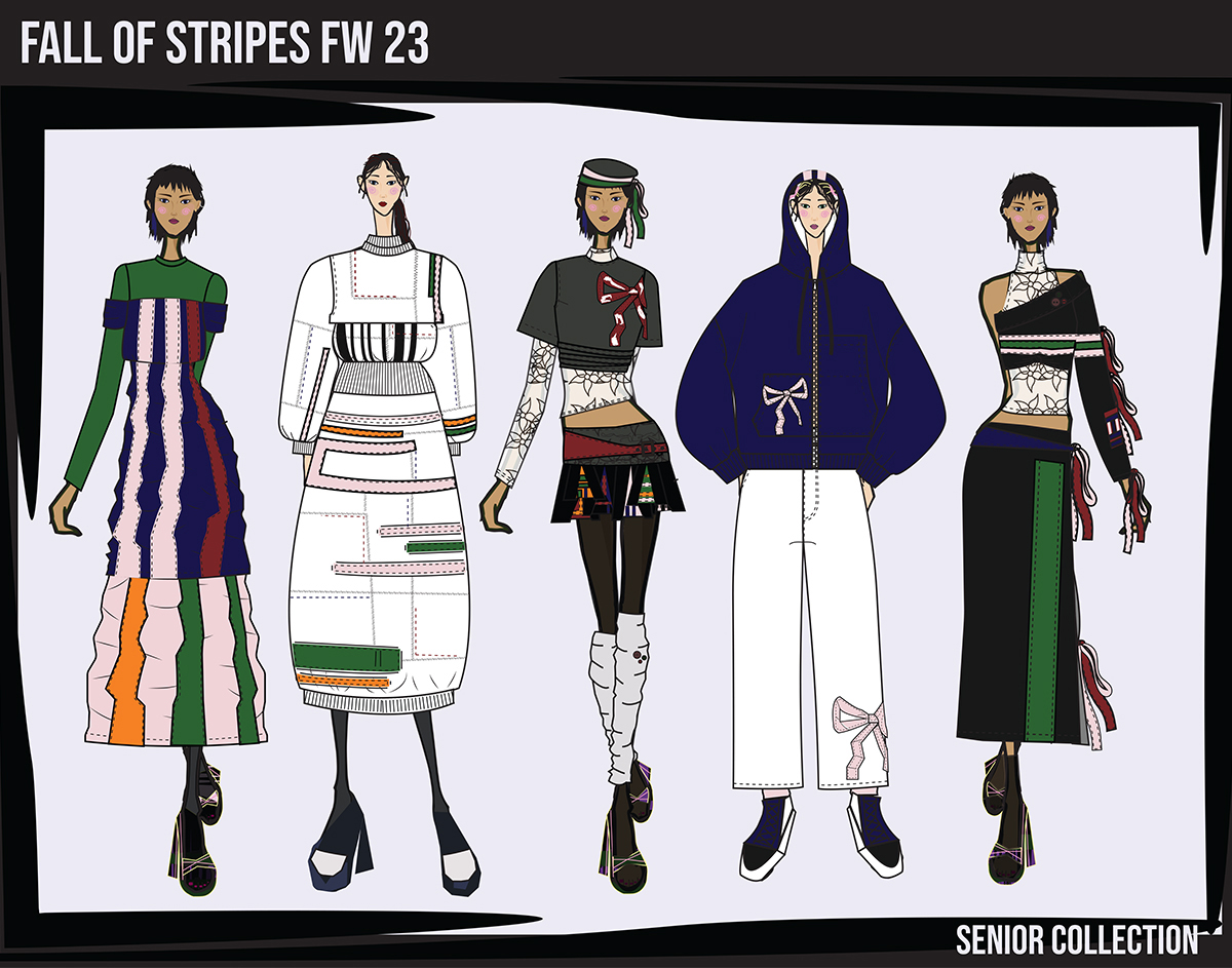 Illustration lineup of 5 models wearing the “Fall of Stripes” Collection. It is a women’s contemporary sportswear collection. Each piece has many layers for the cold weather, bold stripes, bow motifs, and up-cycling surface design. 