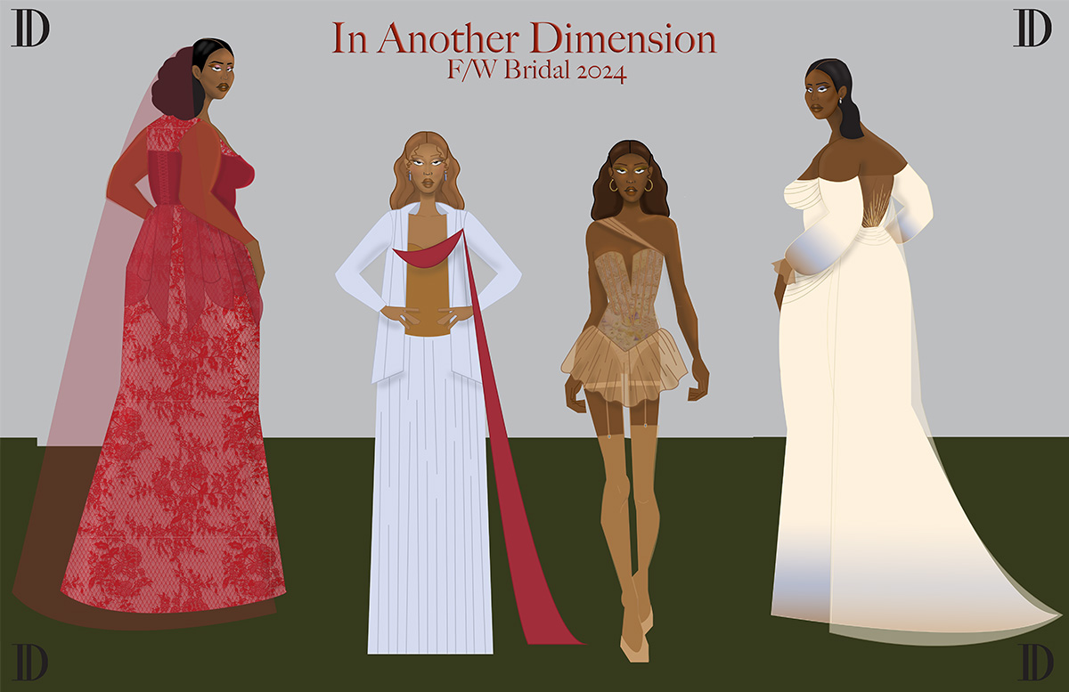  This picture features 4 illustrations of an alternative bridal wear collection. 