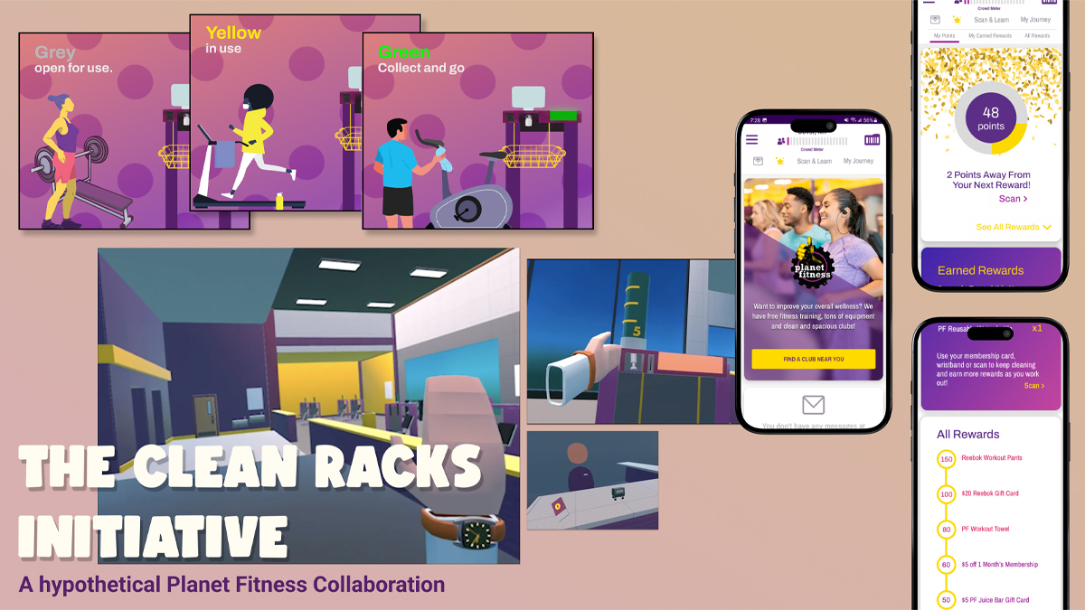Top left depicts a series of illustrated promotional images describing the 3 phases of the LED indicator on the habit-tracking modules: Grey (open for use), Yellow (in use), and Green (collect and go). The right section displays 3 high-fidelity app screens which demonstrate the associated app experience where you can view accrued points and rewards tiers. The bottom row shows a series of images from an interactive VR demonstration where a Planet Fitness location if virtually re-created and walked through, along with a demonstration of the card-swipe and habit-tracking modules in-action.
