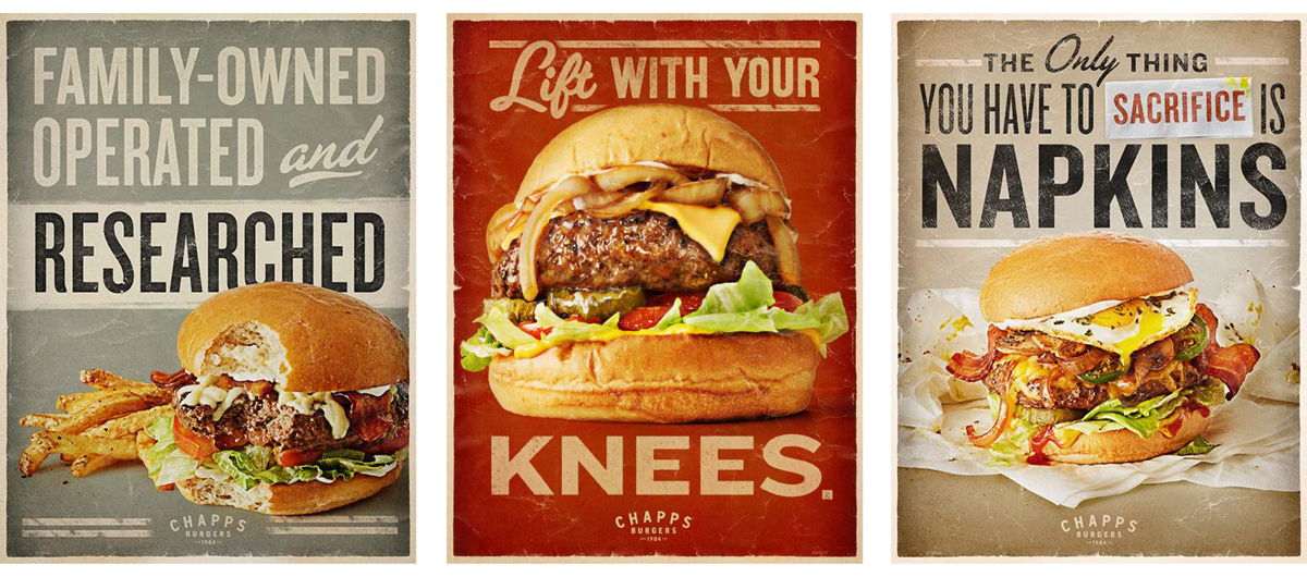 Three posters of Chapps Restaurant featuring enticing hamburgers