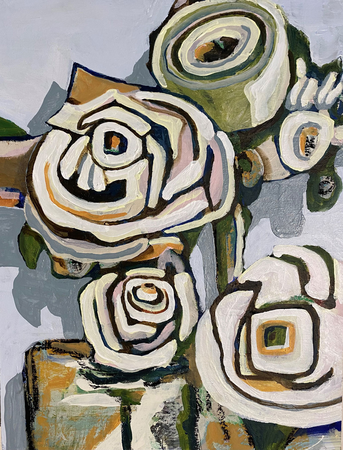 Impressionistic painting of four beige roses 