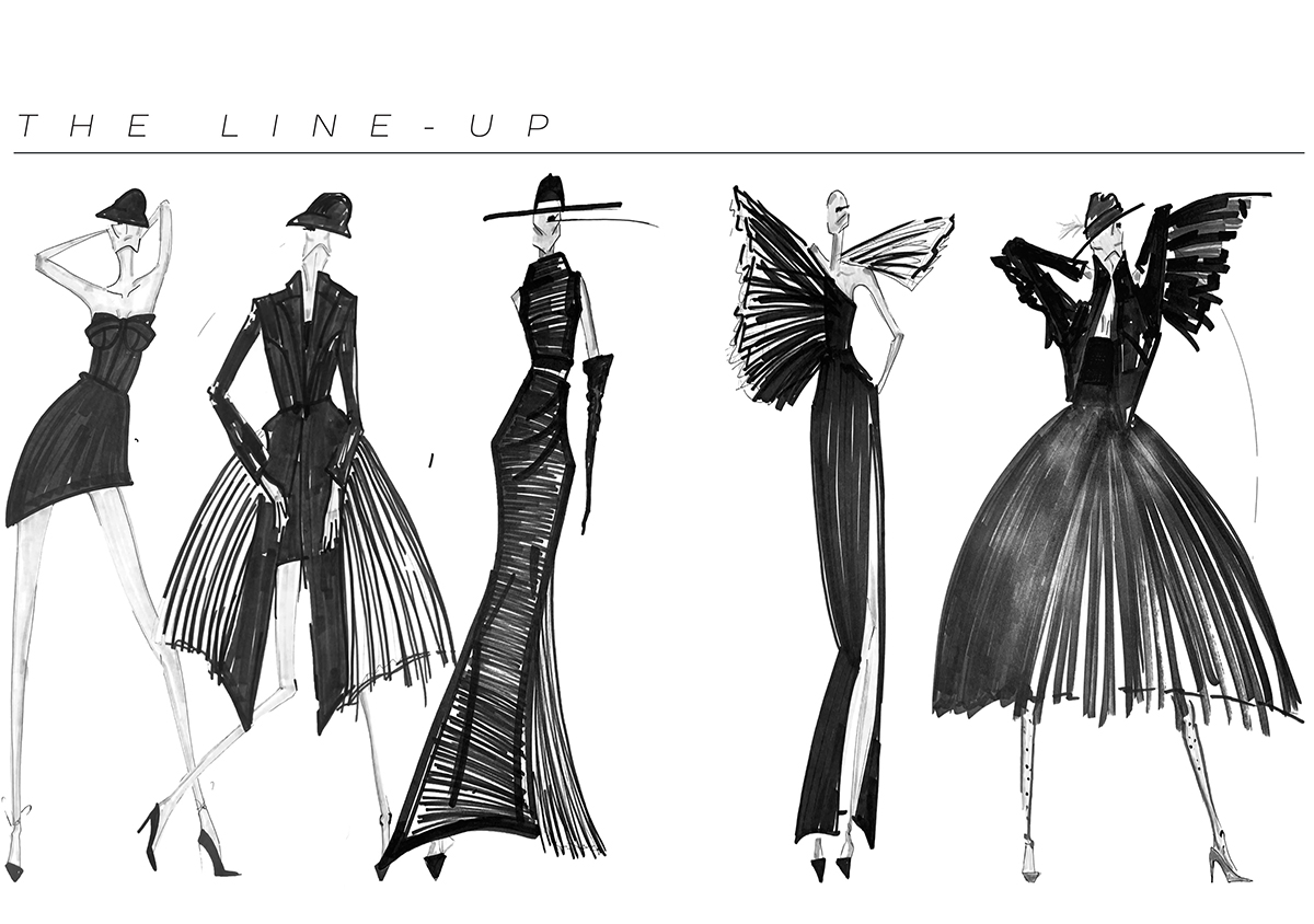 Black-and-white sketches of women's evening dresses.