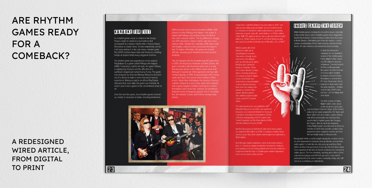 An open magazine spread lays on the table. On the left is a page that is half red and half black, with text and a picture of people holding Guitar controllers in their hands with sunglasses on. On the right is the same red and black page, but with a "rock and roll" hand in the middle, with the text wrapping around it.