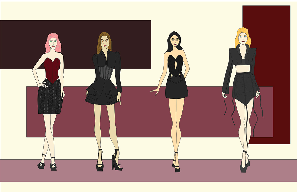 Illustration line up of four avant-garde womenswear collection.